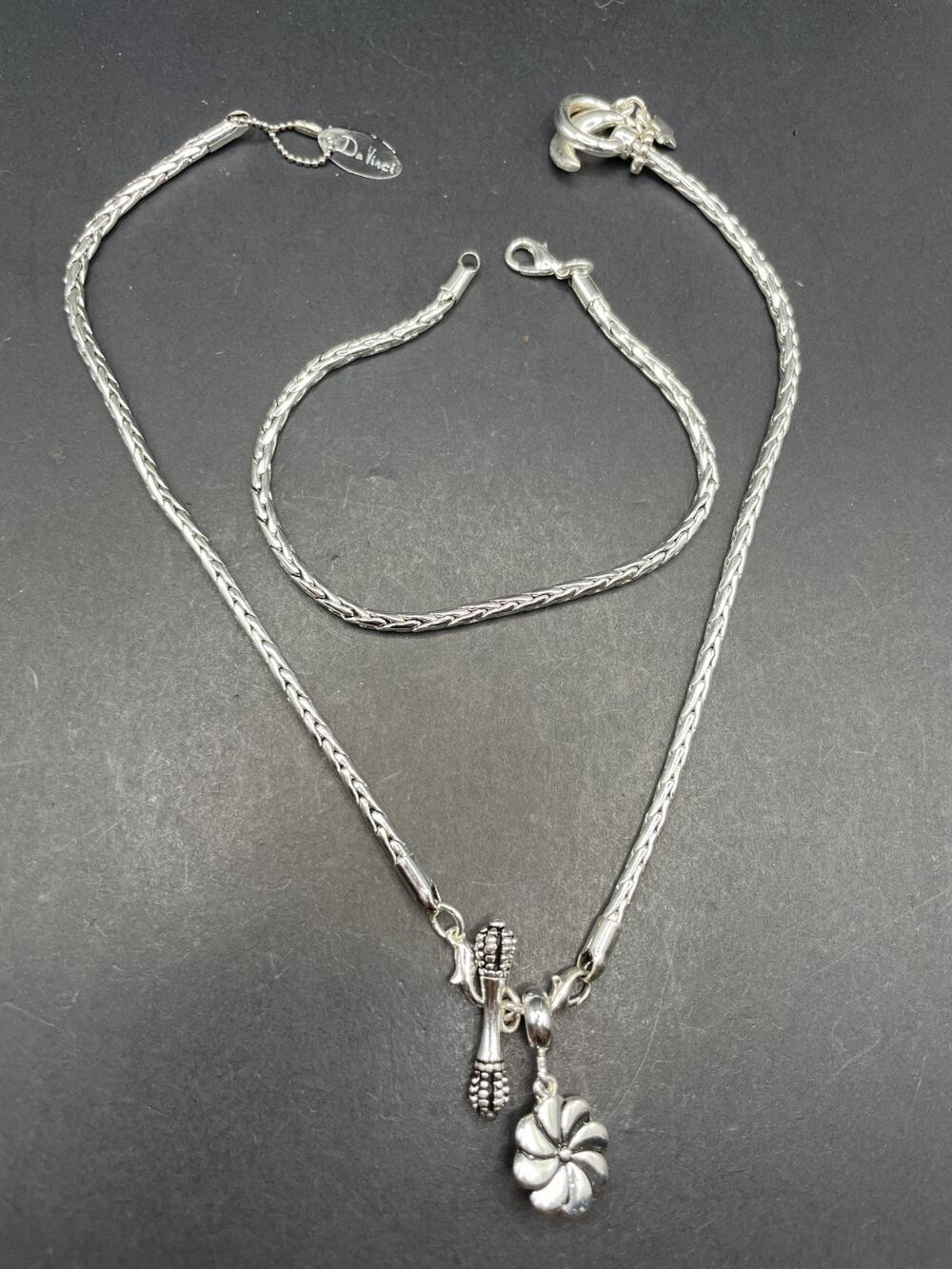 Vtg Da Vinci Signed Silver Tone Flower Pendant Necklace Bracelet Set Lot of 2